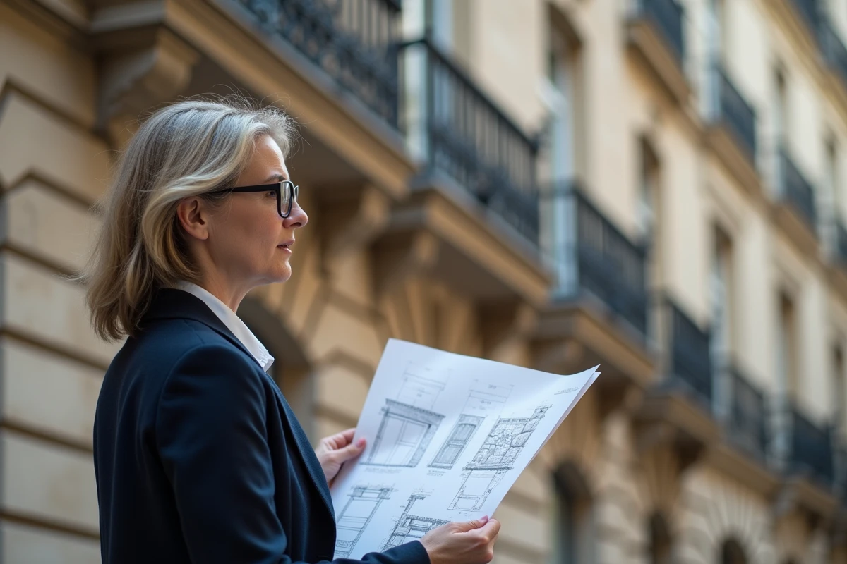 Architecte comparant un schéma d'immeuble haussmannien avec les détails ornementaux réels d'une corniche parisienne