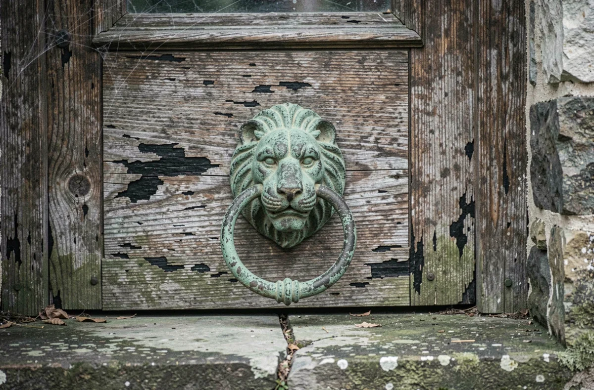 Détail de porte en chêne usée avec heurtoir en fer patiné sur un manoir abandonné