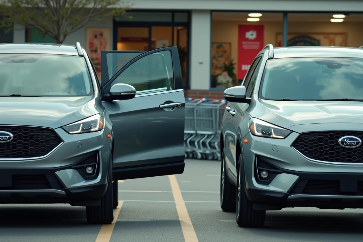 Deux SUV côte à côte dans un parking de centre commercial avec des portières ouvertes dans un espace restreint