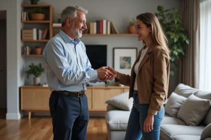 Homme d'affaires donnant des clés à une jeune femme dans un salon moderne
