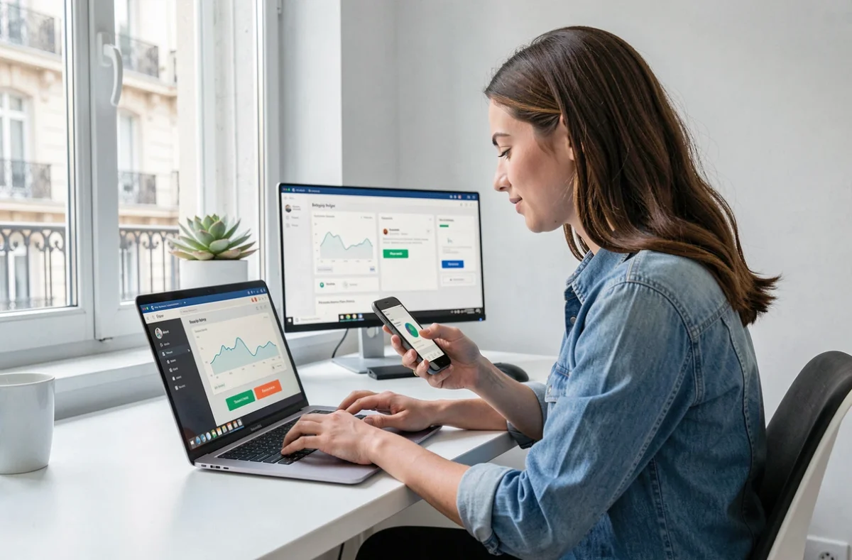 Cliente utilisant la plateforme digitale d'Empruntis Montpellier pour simuler un crédit immobilier sur ordinateur et smartphone depuis son appartement