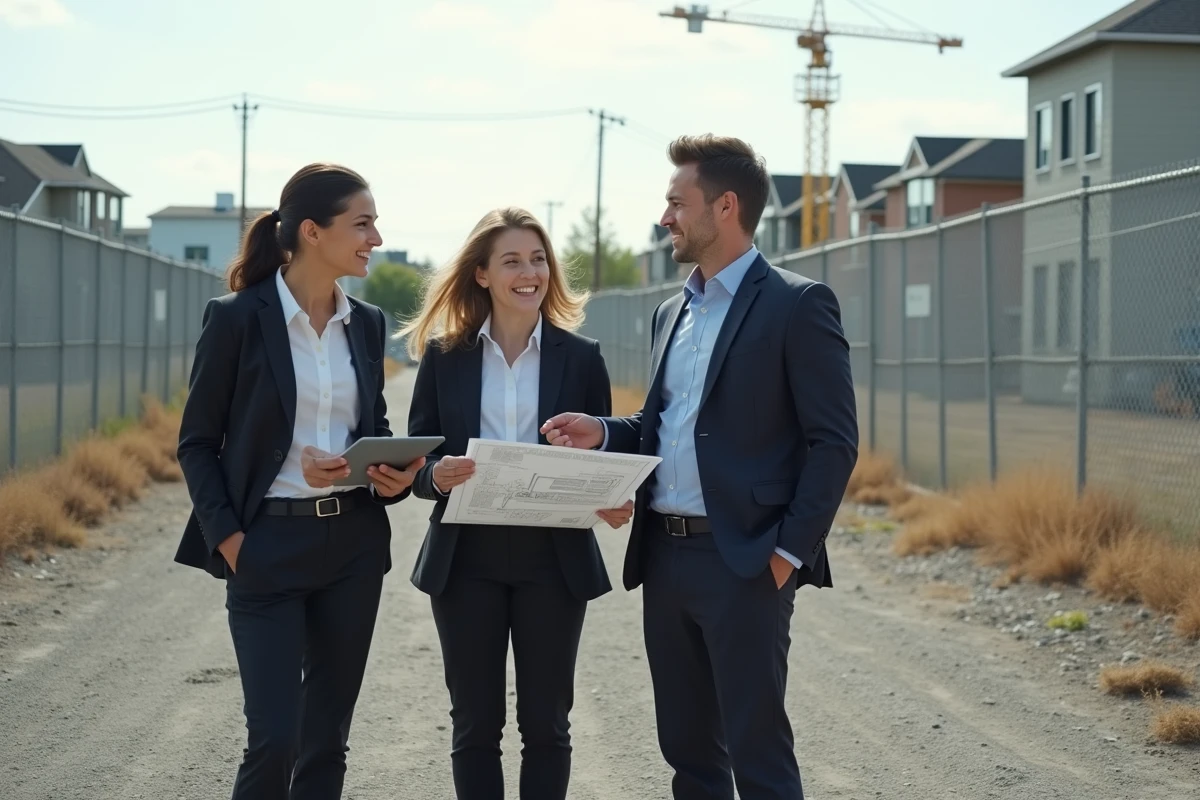 Équipe de professionnels en réunion sur un terrain urban vacant lors d'une étude foncière