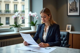 Agente immobilière de prestige analysant des documents d'estimation immobilière dans un bureau moderne avec vue sur un boulevard haussmannien