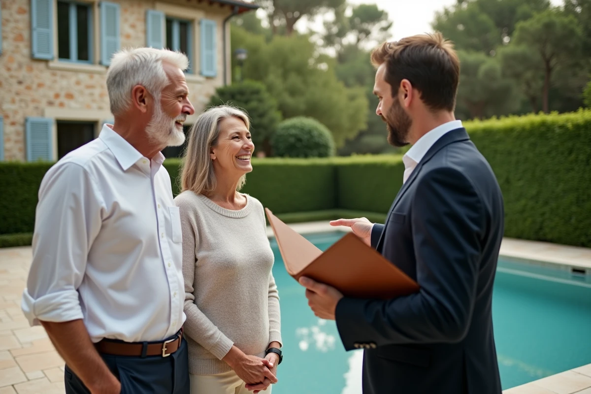 Couple de propriétaires visitant leur villa de prestige avec un agent immobilier lors d'une estimation sur site dans un jardin soigné