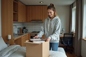 Étudiante installant ses affaires dans un studio meublé équipé pour la location étudiante