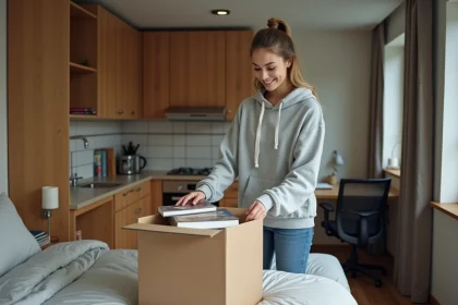 Étudiante installant ses affaires dans un studio meublé équipé pour la location étudiante