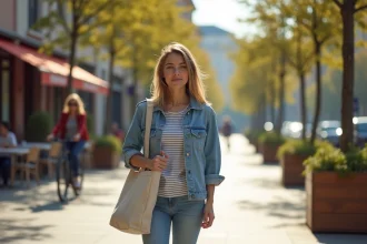 Jeune étudiante marchant dans le quartier Montaudran à Toulouse avec son sac de cours