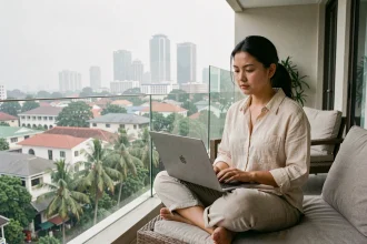 Expatriée cherchant une location d'appartement en Thaïlande sur son balcon avec vue sur Bangkok