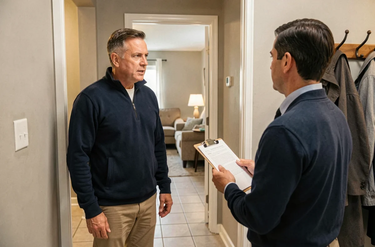 Locataire discutant avec un expert en assurance habitation à la porte de son appartement