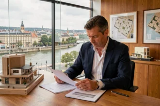 Expert immobilier en Nouvelle-Aquitaine consultant des documents d'estimation dans un bureau moderne avec vue sur Bordeaux