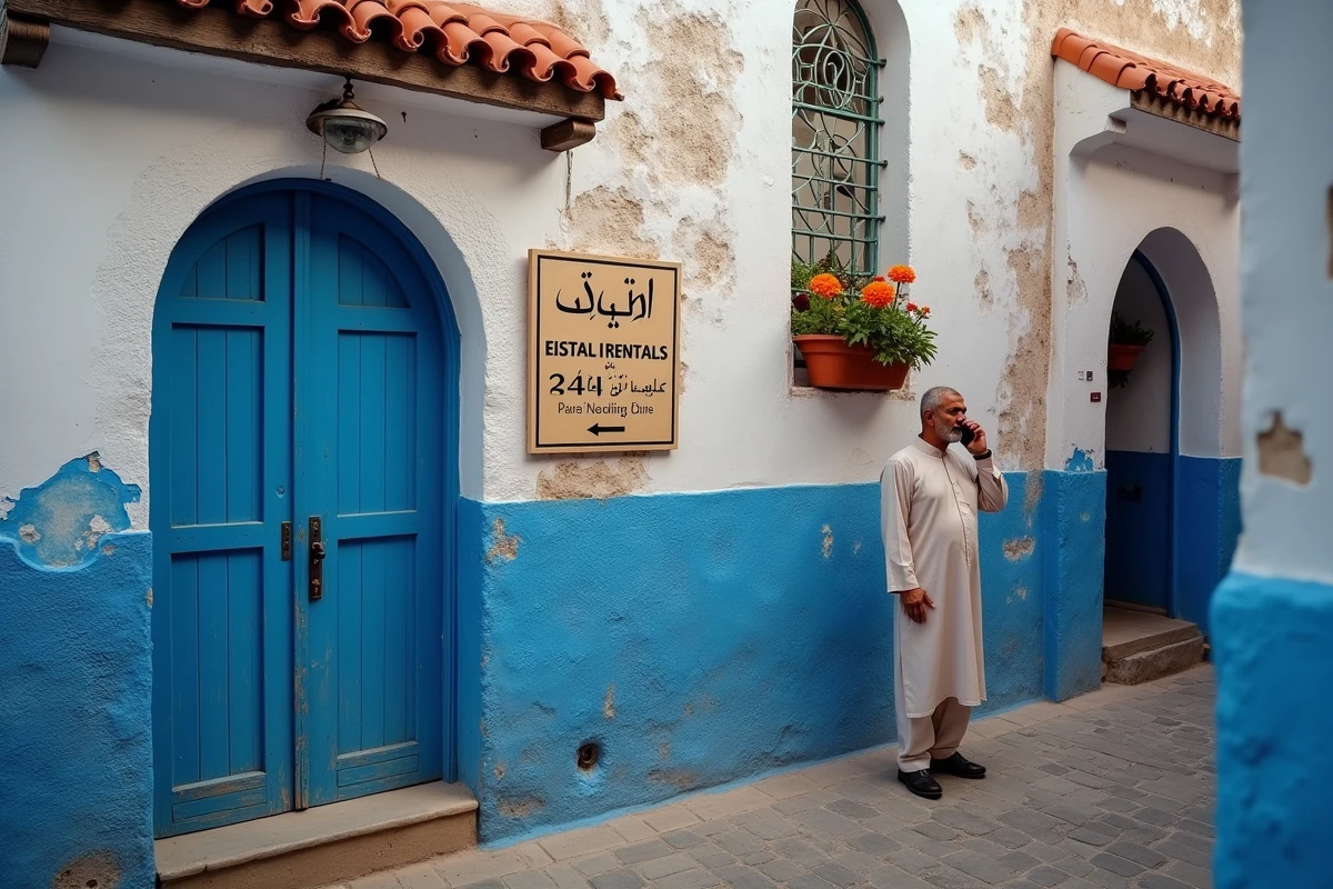 Façade d'immeuble avec panneau de location dans une ruelle de la médina d'Essaouira avec porte en bois bleue typique