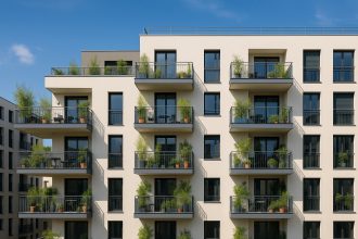 Façade d'un immeuble moderne à Villeurbanne avec balcons et verdure