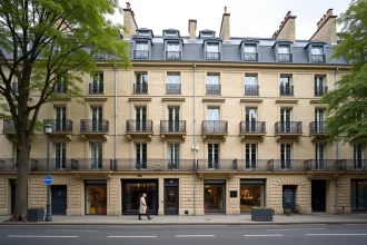 Façade d'immeuble haussmannien typique à Paris avec balcons en fer forgé et toiture mansardée en zinc