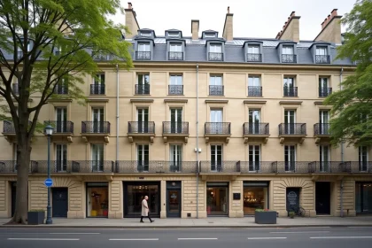 Façade d'immeuble haussmannien typique à Paris avec balcons en fer forgé et toiture mansardée en zinc