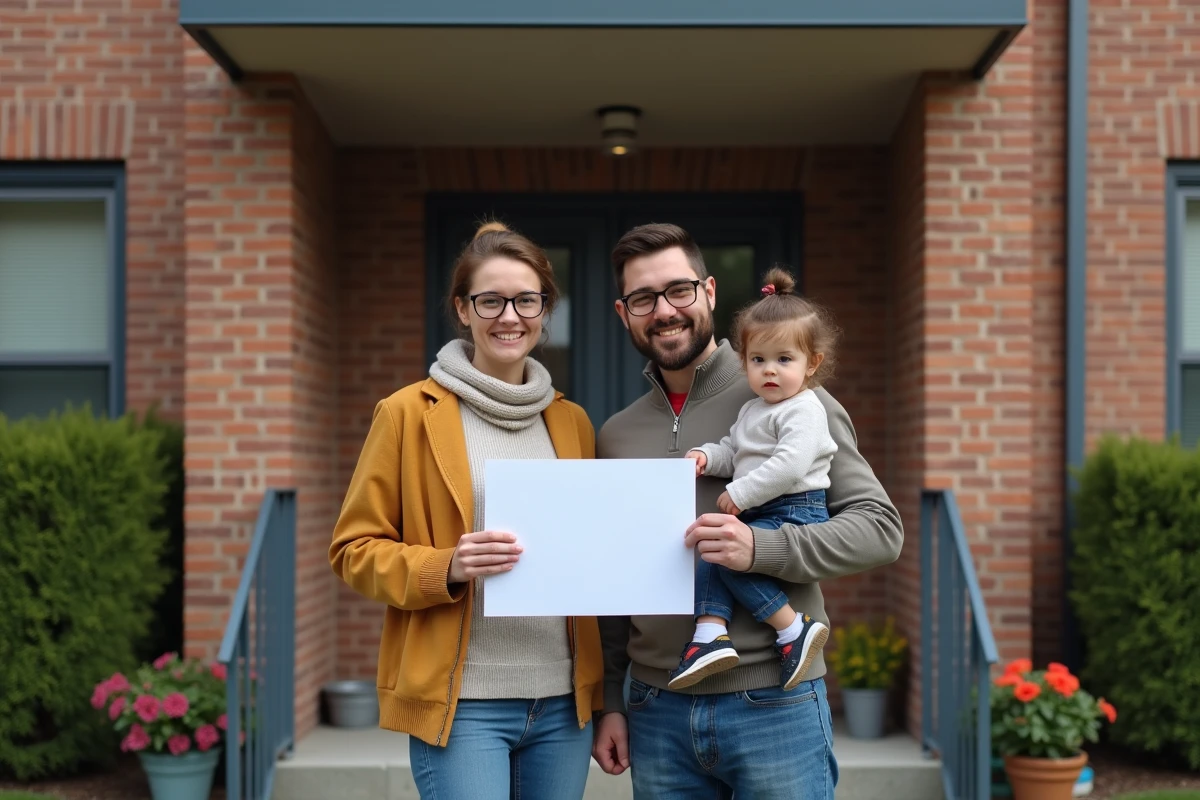 Famille heureuse devant une entrée de logement social