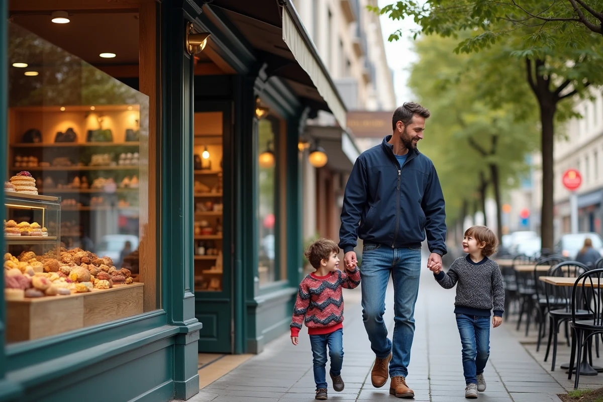 Pere et enfants marchant devant boutiques et boulangerie