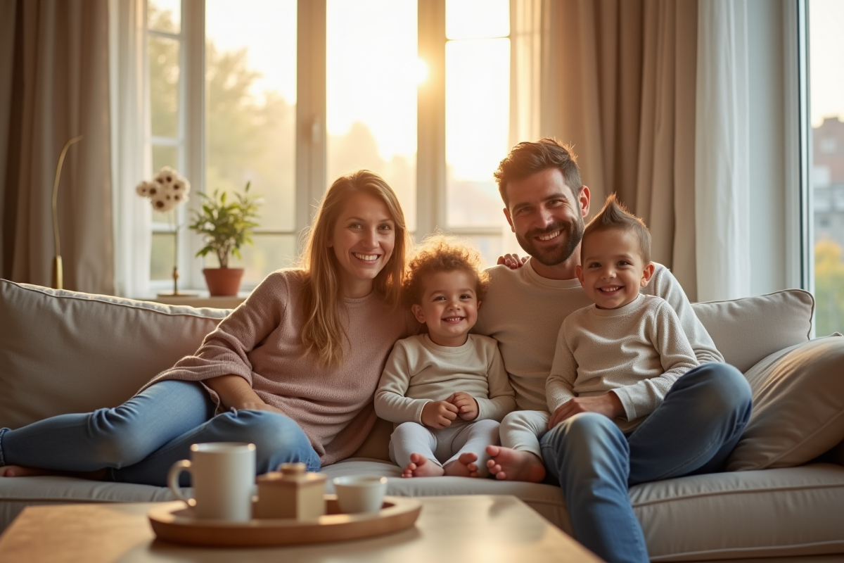 Famille heureuse dans un appartement lumineux à Pacé