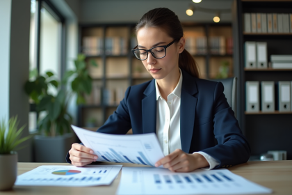 Femme d'affaires en blazer bleu examine des graphiques financiers
