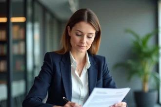 Femme d'affaires examinant un avenant de bail commercial avec l'indice ILAT dans un bureau moderne