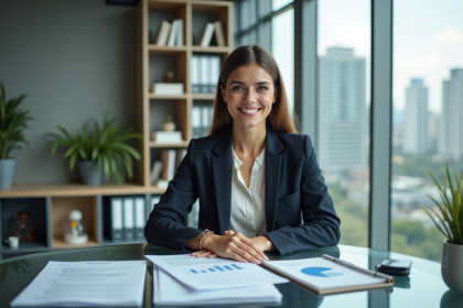 Femme d'affaires souriante examinant des documents immobiliers