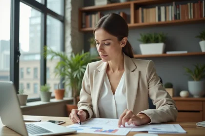 Femme cadre analysant des documents immobiliers sur ordinateur portable dans un bureau moderne pour atteindre la liberté financière