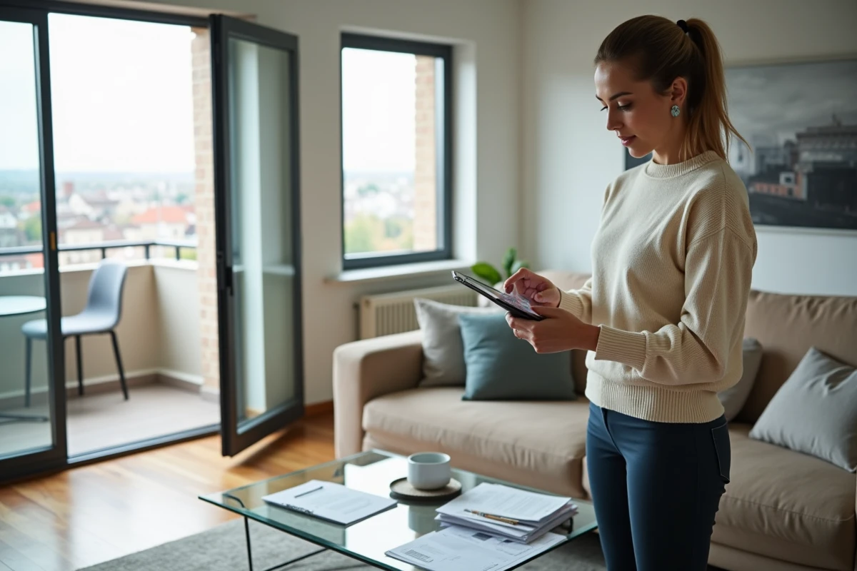 Femme utilisant une tablette dans un salon lumineux et spacieux