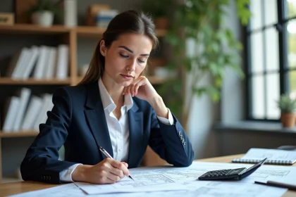 Femme en bureau étudiant des cartes avec calculatrice