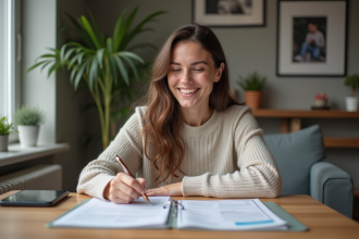 Femme souriante vérifiant ses documents d'assurance à la maison