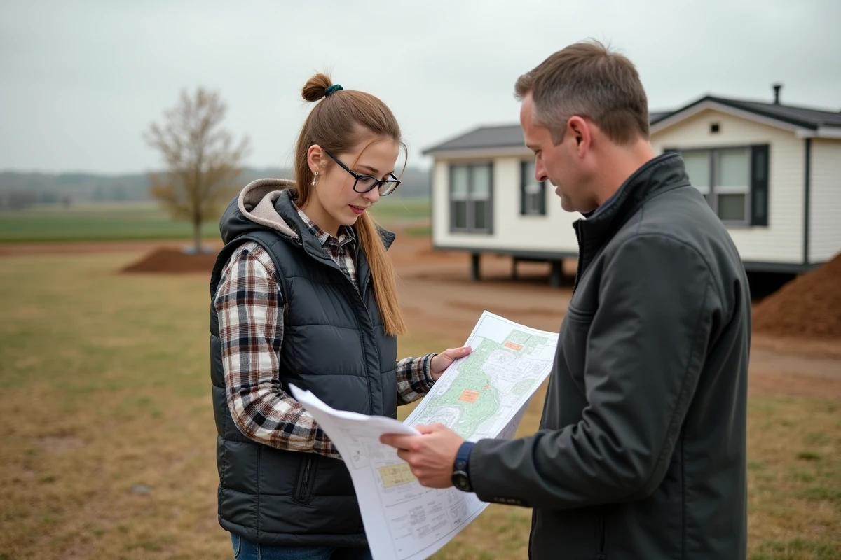 Jeune femme et officiel regardant une carte sur terrain rural