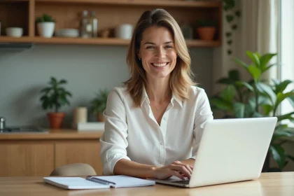 Femme confiante au bureau à domicile avec ordinateur