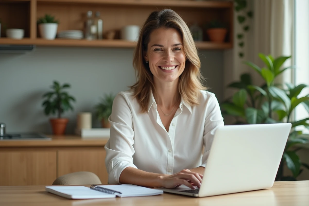 Femme confiante au bureau à domicile avec ordinateur