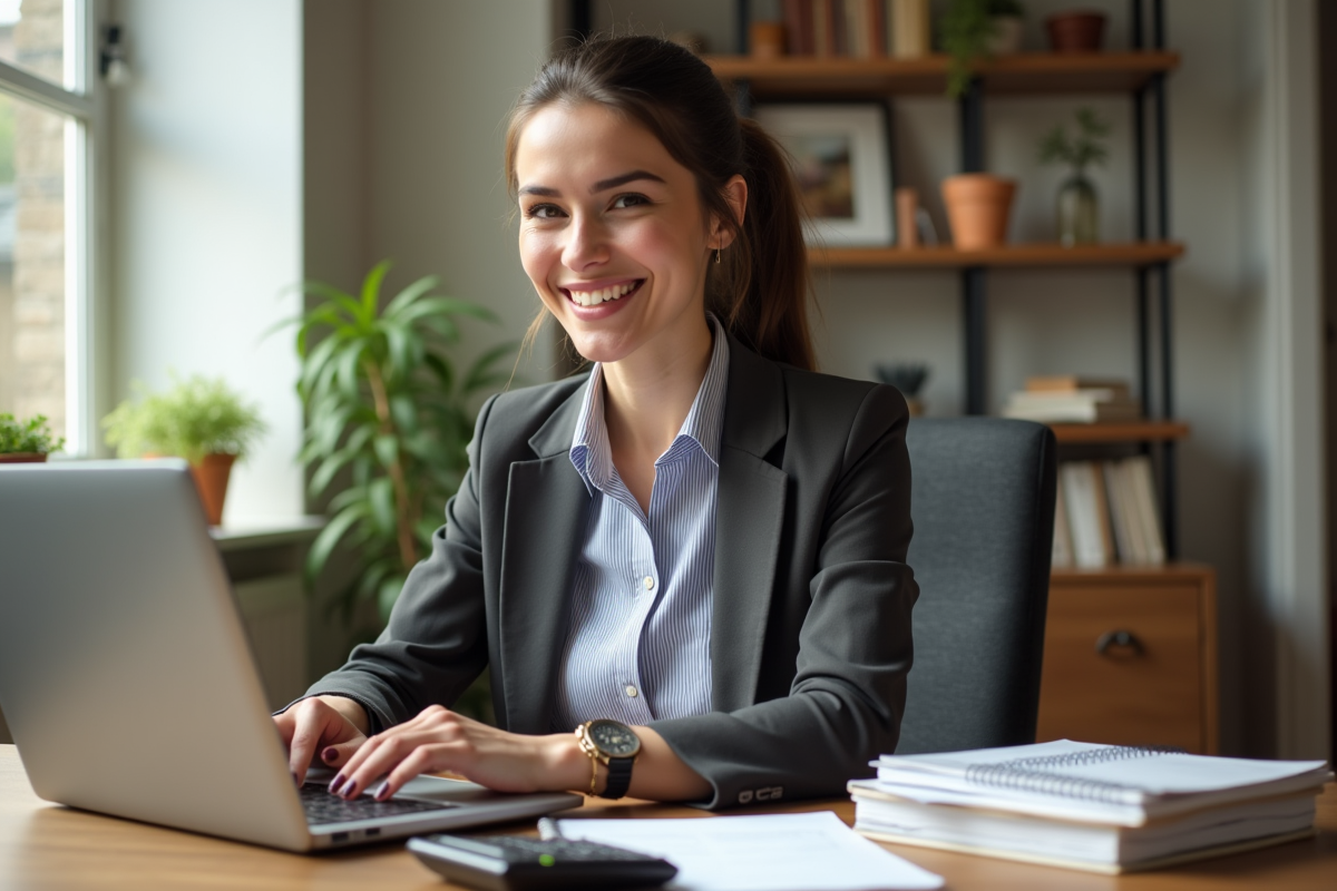 Jeune femme souriante travaillant sur son ordinateur dans un bureau