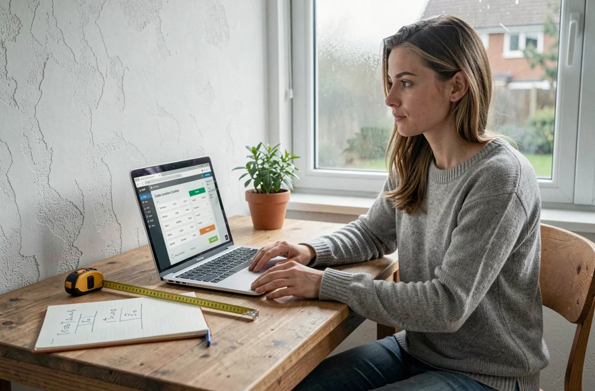 Femme calculant la conversion d'ares en mètres carrés sur ordinateur avant achat immobilier