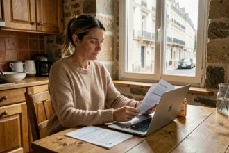 Femme comparant des offres d'assurance habitation sur son ordinateur dans une cuisine de style auvergnat à Clermont-Ferrand