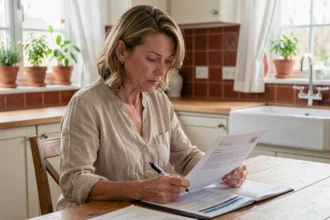 Femme consultant son contrat d'assurance multirisque habitation à la table de sa cuisine