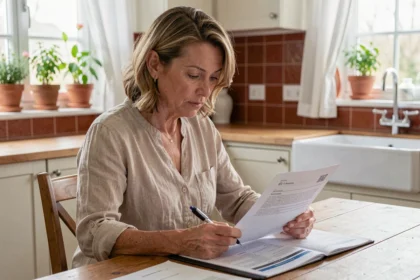 Femme consultant son contrat d'assurance multirisque habitation à la table de sa cuisine