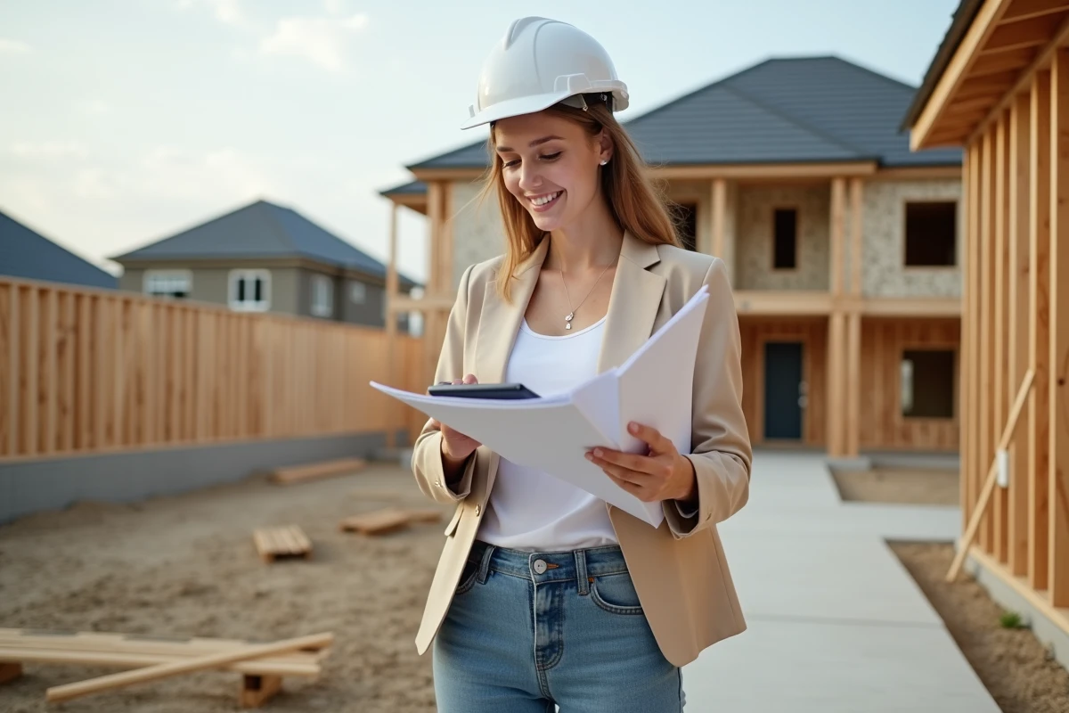 Jeune femme vérifie un contrat devant une maison en construction