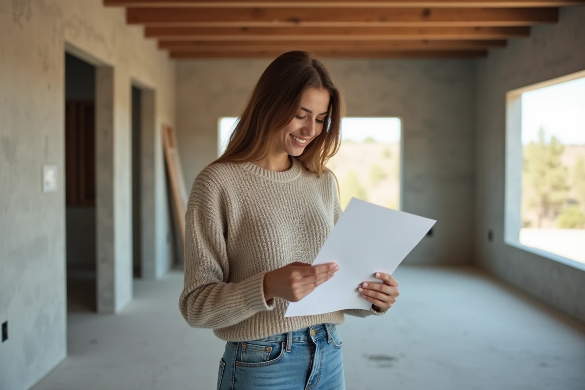 Jeune femme dans maison en construction consulte un contrat