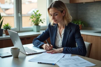 Femme de 40 ans remplissant déclaration fiscale dans cuisine