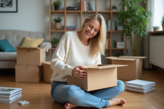Femme souriante en déménagement dans son salon