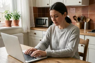 Femme comparant des devis d'assurance habitation sur son ordinateur portable dans une cuisine moderne