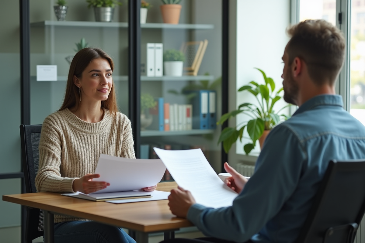 Jeune femme discutant avec un propriétaire dans un bureau