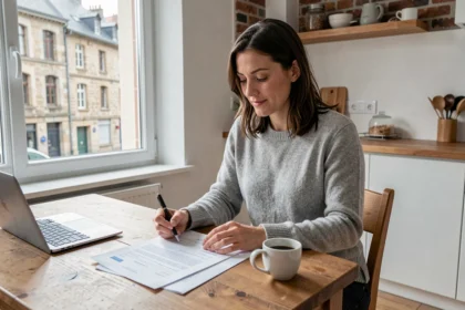 Femme consultant des documents d'assurance habitation dans un appartement à Metz