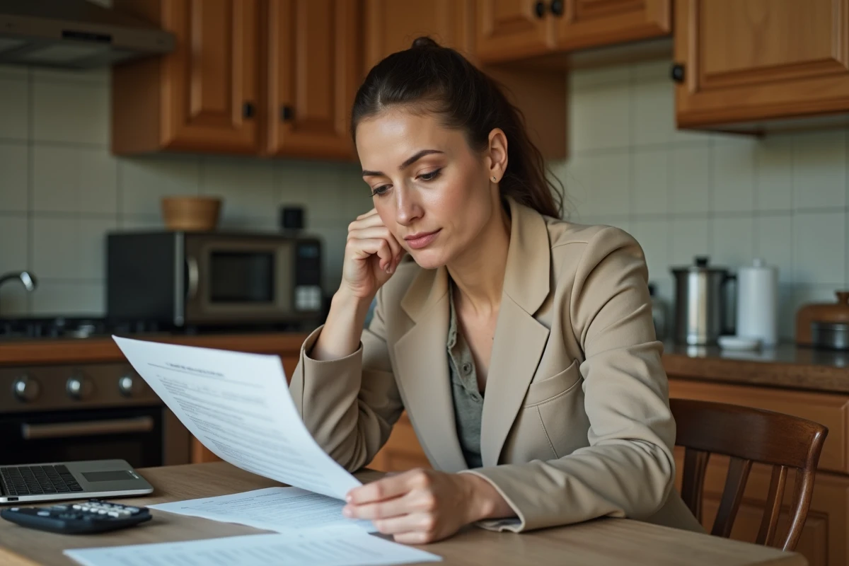 Femme analysant les documents administratifs et frais cachés liés à l'acquisition d'une maison donnée gratuitement