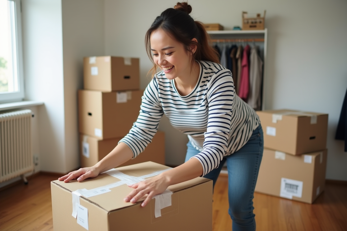 Femme emballant une caisse de déménagement dans un appartement lumineux