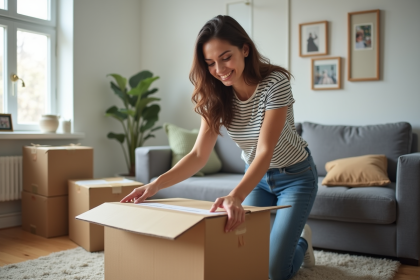Jeune femme en jeans et t-shirt rayé emballe une boxe
