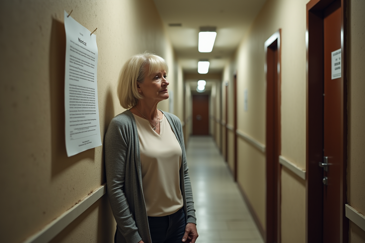 Femme préoccupée regardant un avis d