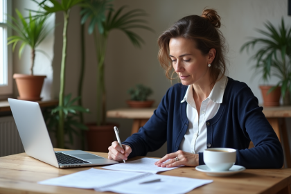 Femme française remplissant ses papiers fiscaux à la maison