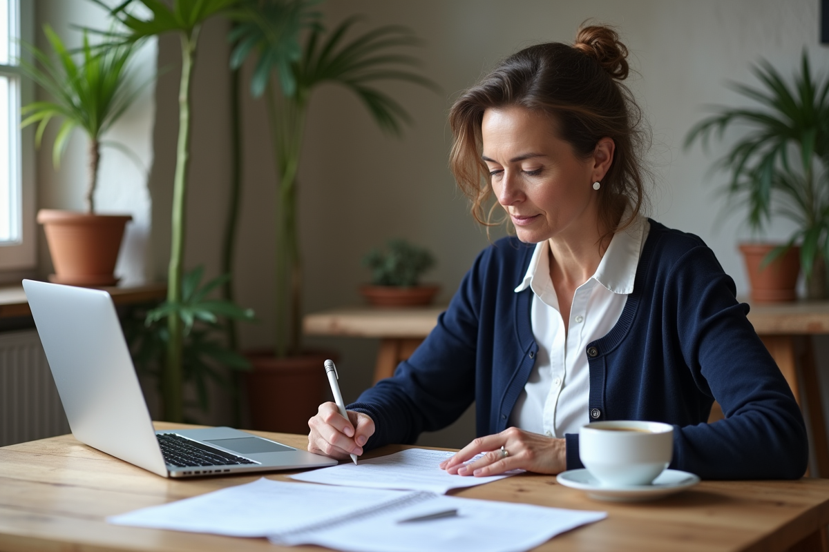 Femme française remplissant ses papiers fiscaux à la maison