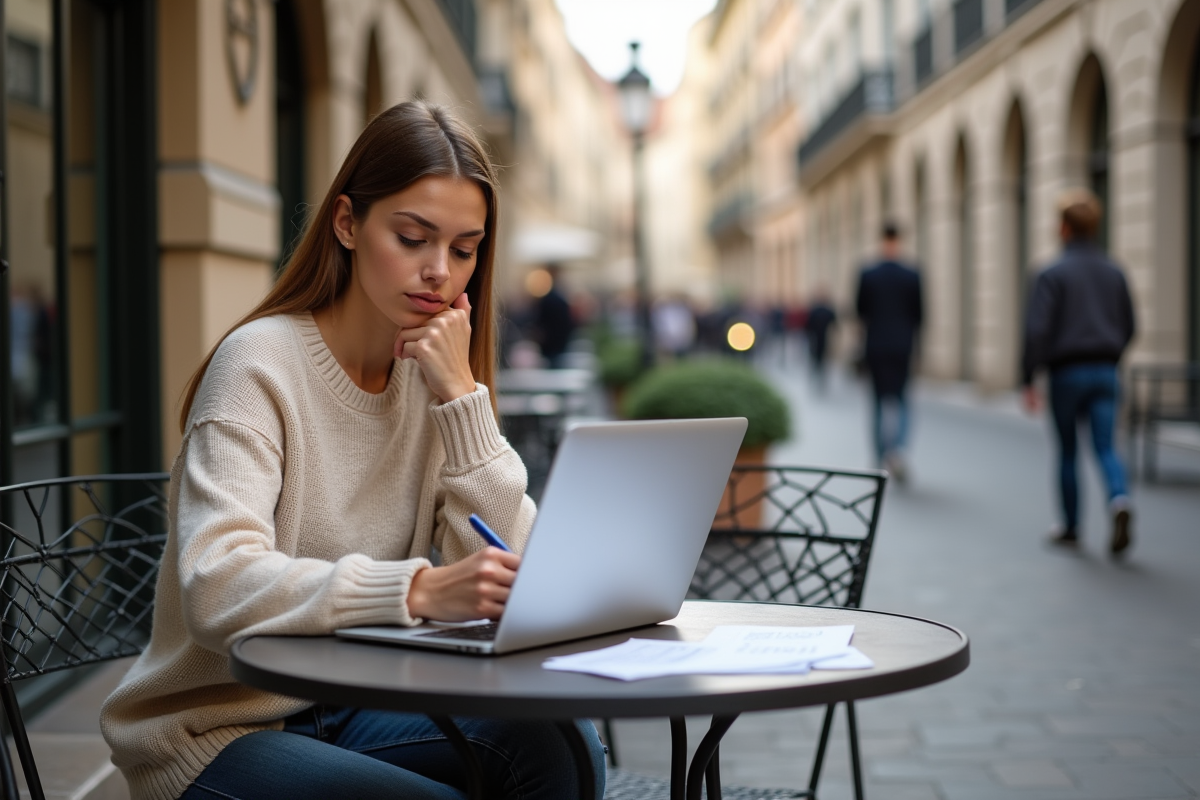 Jeune femme française travaillant sur son ordinateur en terrasse